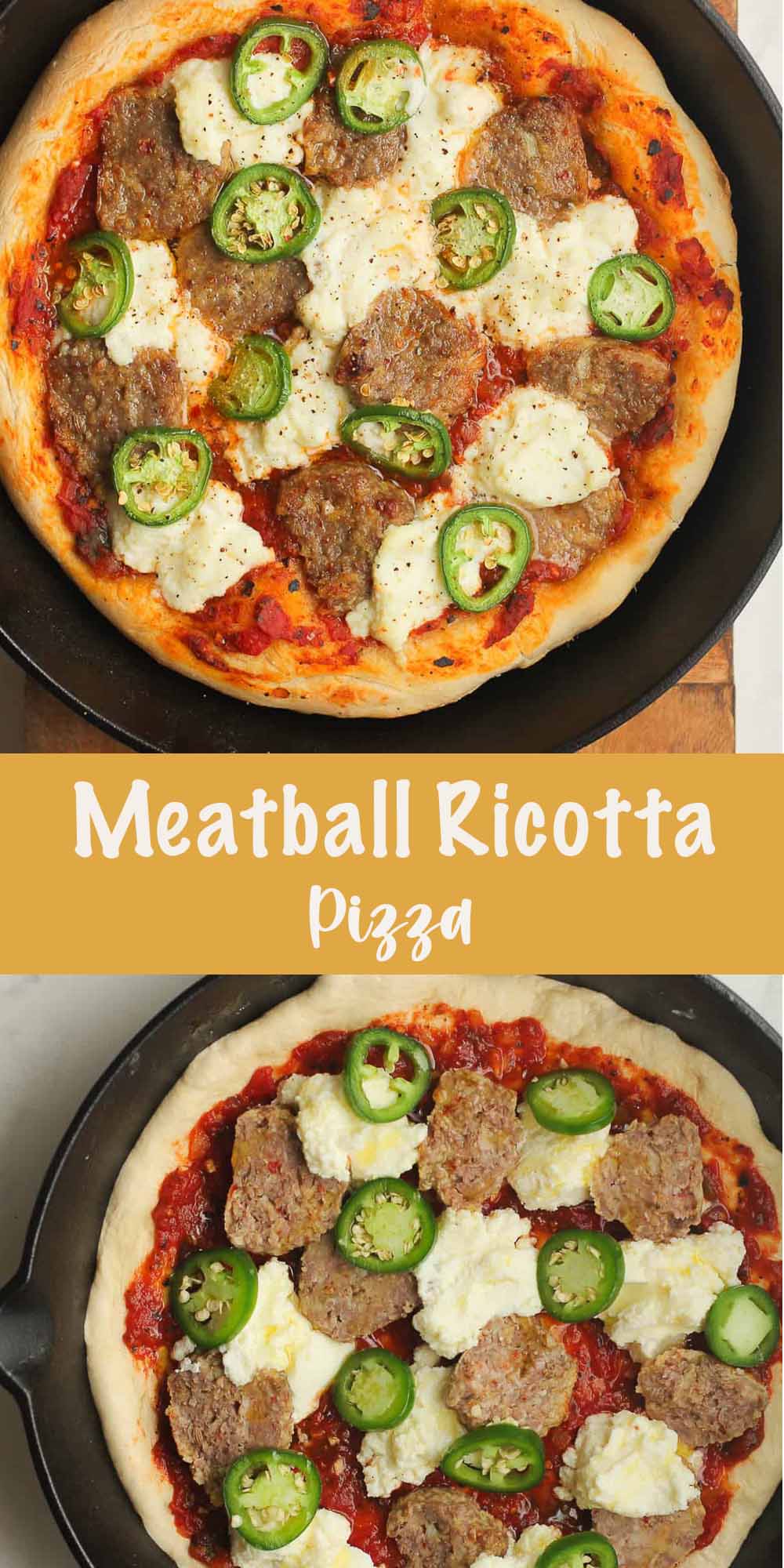 Two photos of Meatball Ricotta Pizza.