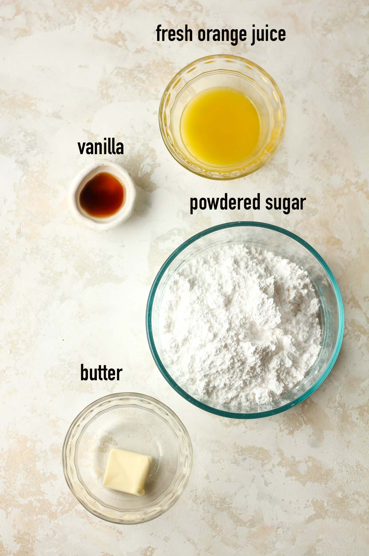 The labeled orange glaze ingredients.