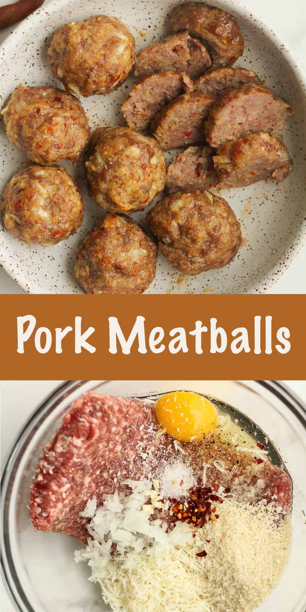 A bowl of pork meatballs with some sliced. And a bowl of the ingredients before mixing together.