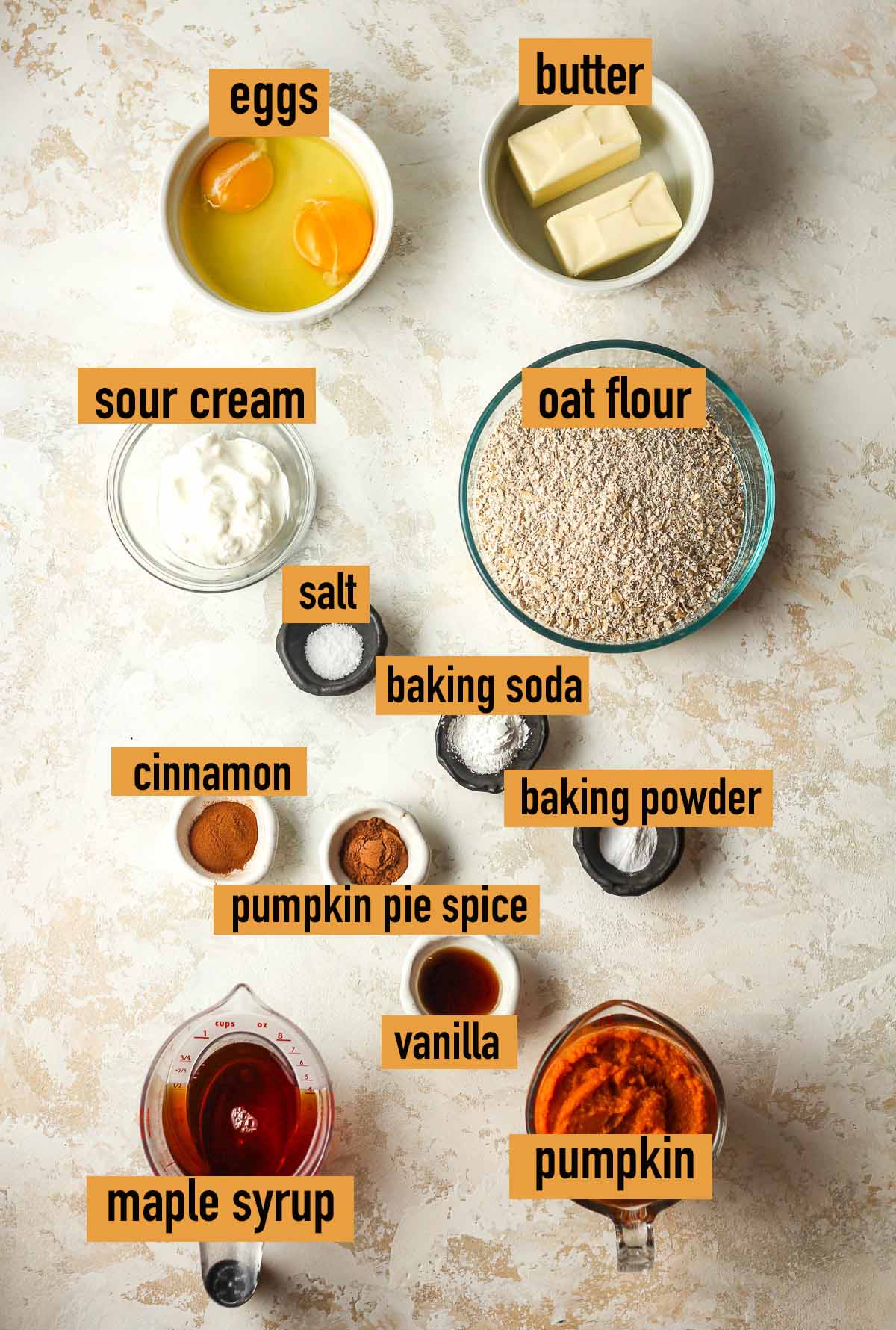 The labeled pumpkin oat muffin ingredients.