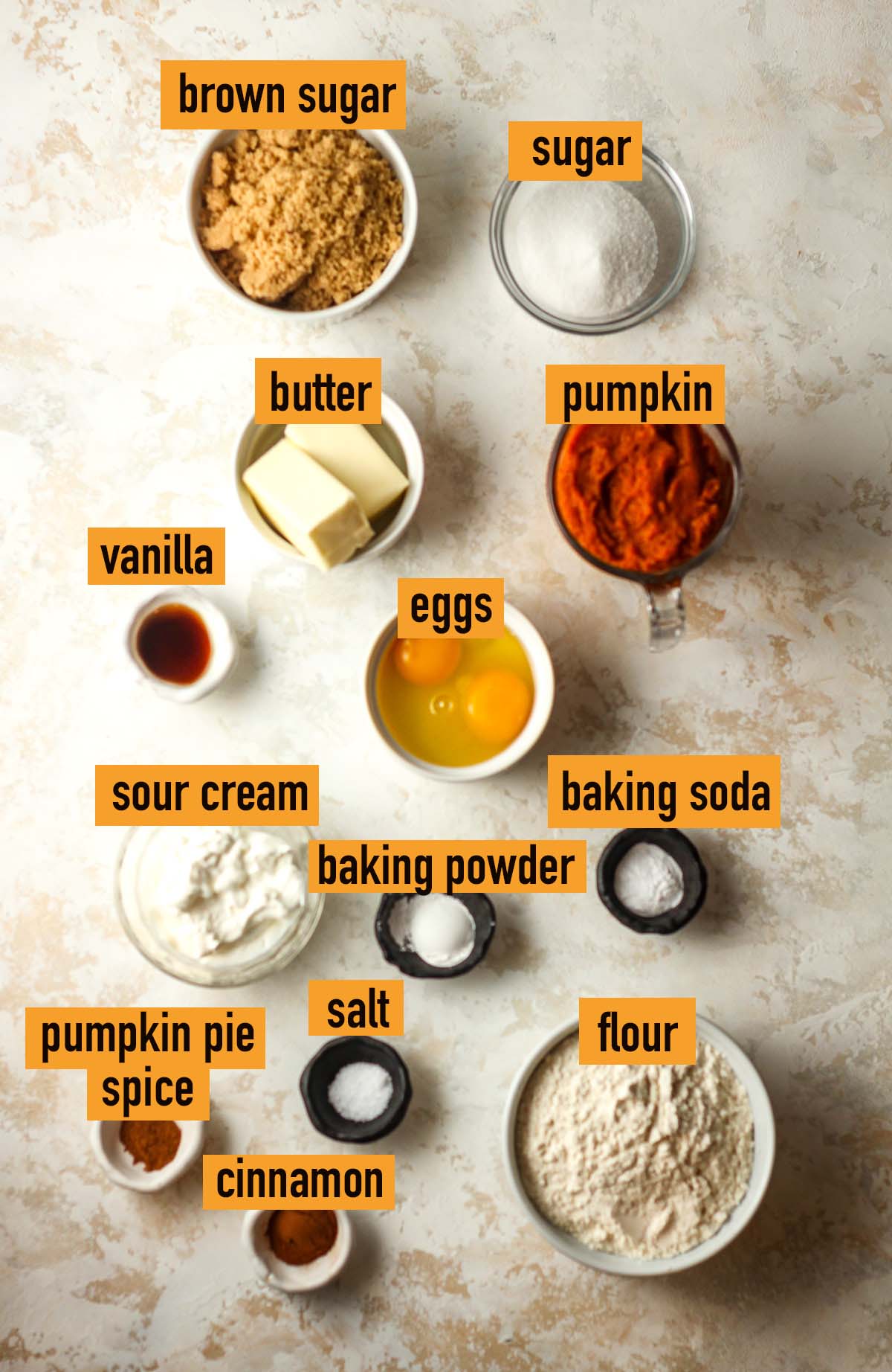 The labeled ingredients for the pumpkin muffins.