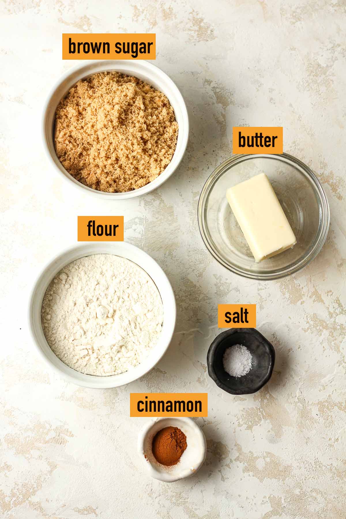 The labeled ingredients for the streusel topping.