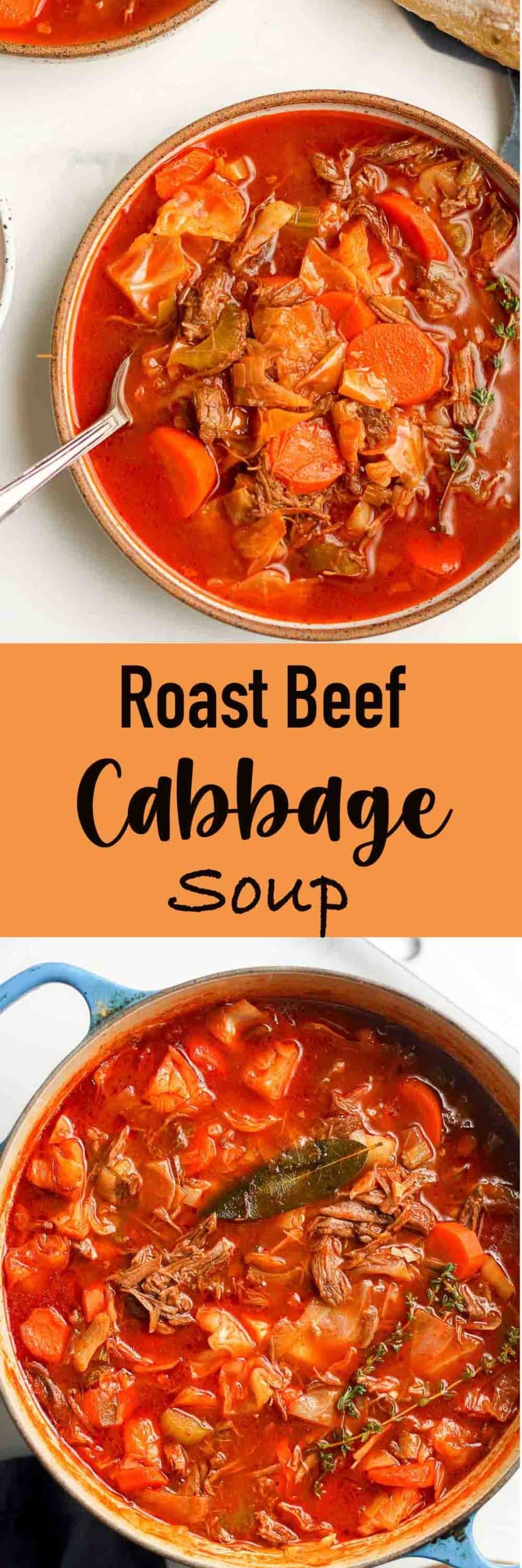 Two photos of roast beef cabbage soup.