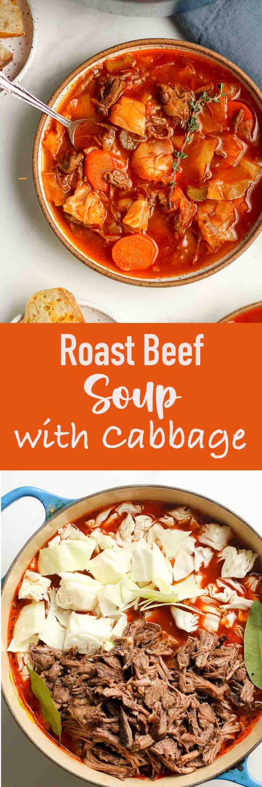 Two photos of roast beef soup with cabbage.