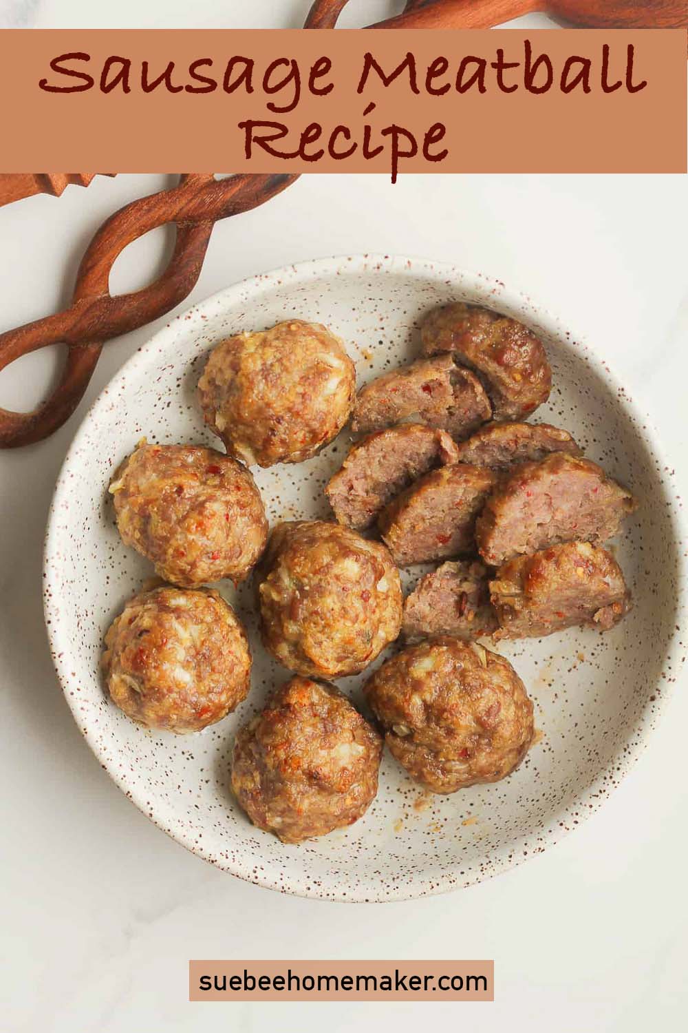 Overhead view of a bowl of sausage meatballs.