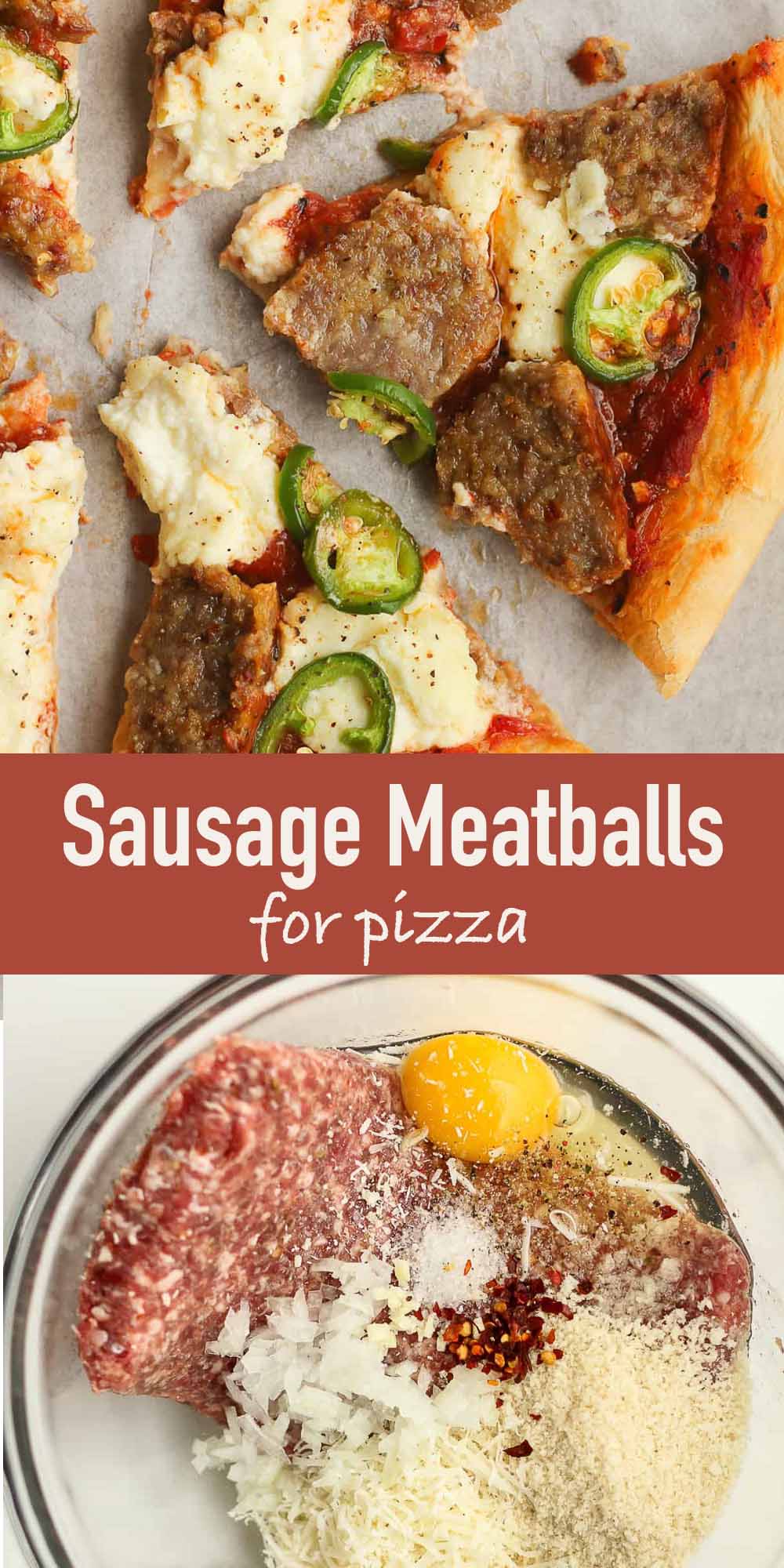 Two photos of sausage meatballs for pizza.