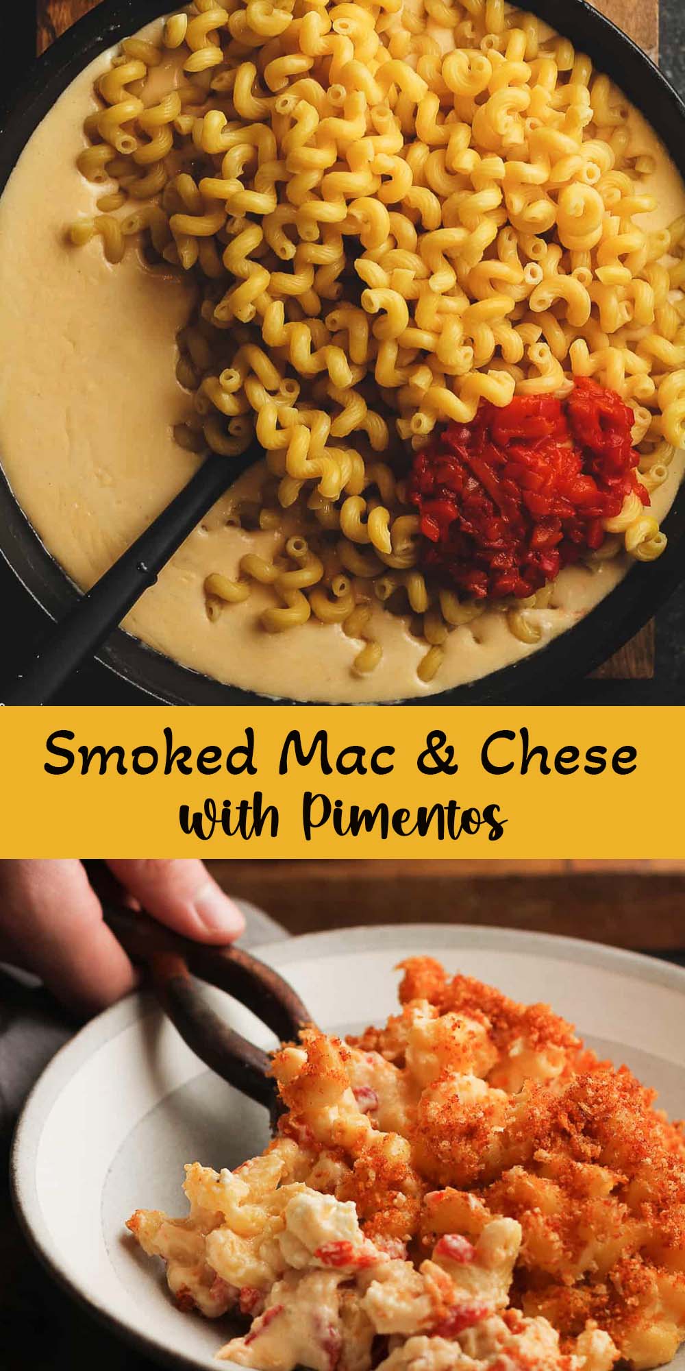 Two photos of smoked Mac and cheese with pimentos.