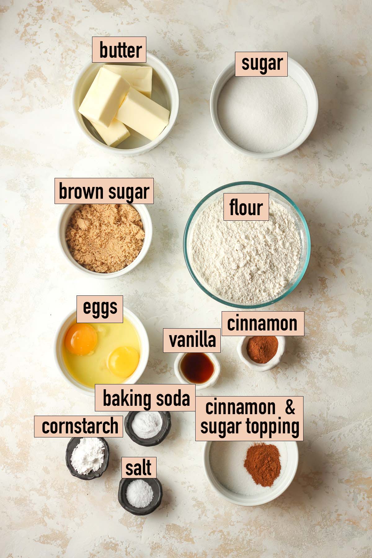 The labeled ingredients for snickerdoodle cookie bars.