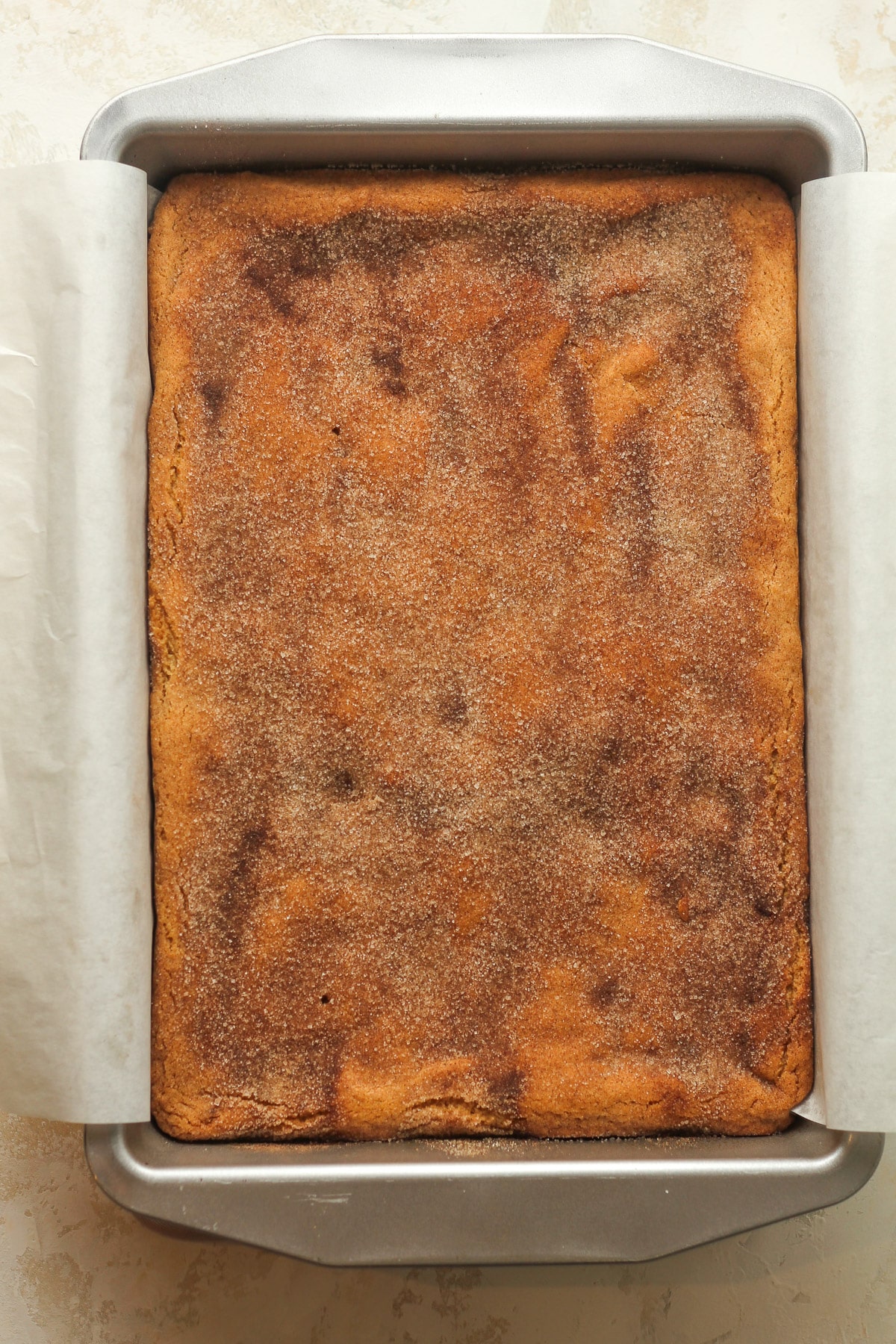 The just baked snickerdoodle bars with sugar and cinnamon topping.