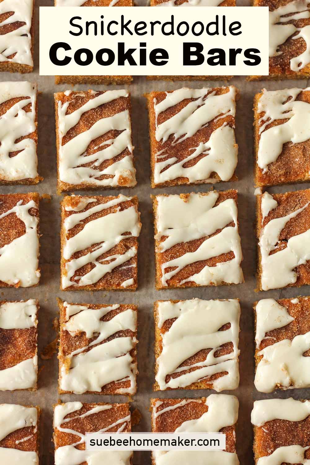 Overhead view of sliced snickerdoodle cookie bars.