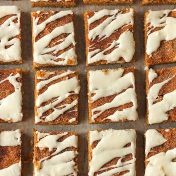 Overhead view of sliced snickerdoodle cookie bars.