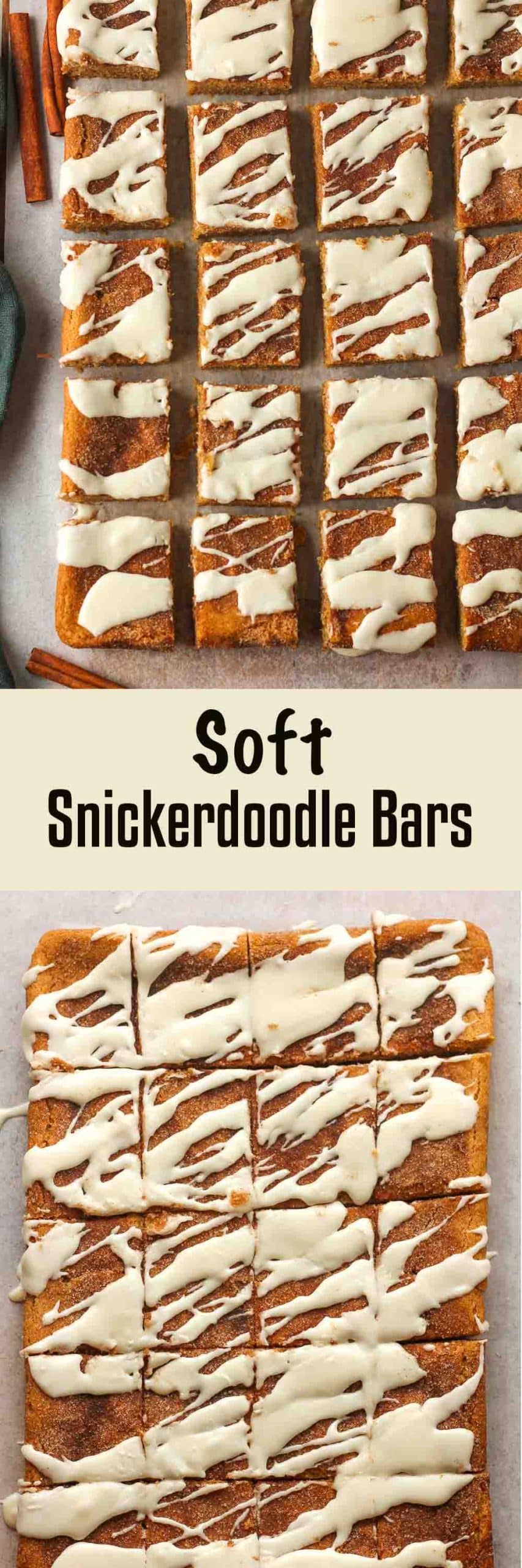 Two photos of soft snickerdoodle bars.