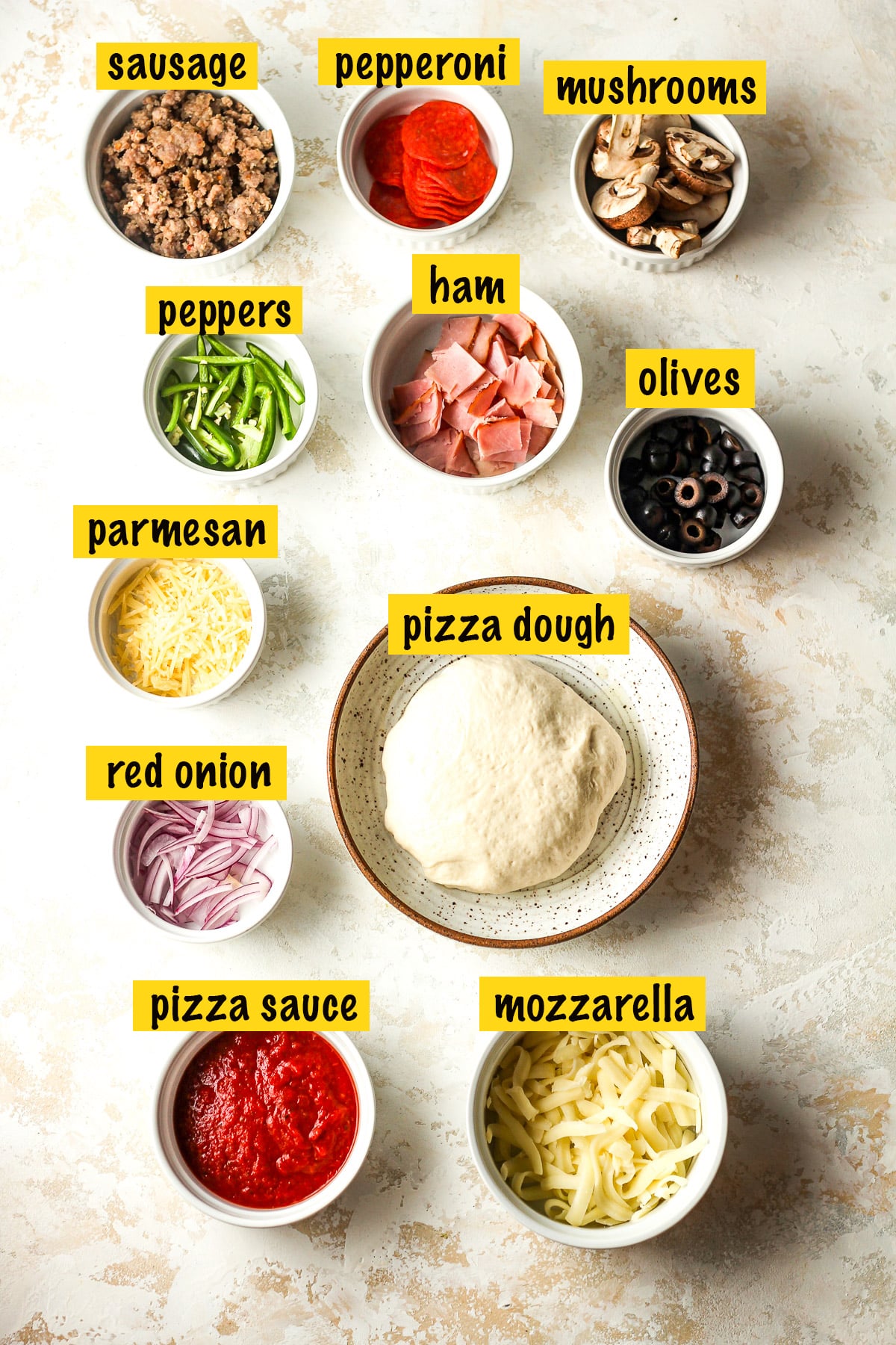 The labeled ingredients for Supreme pizza.