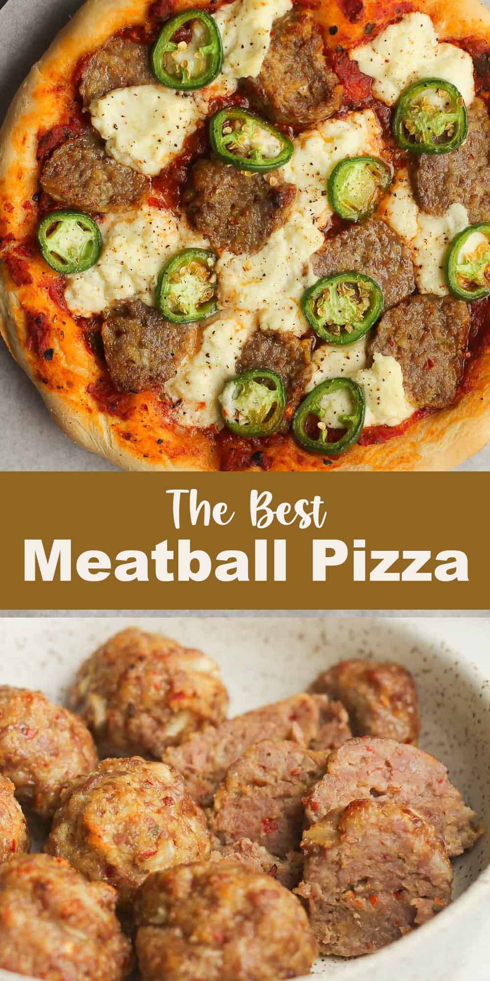 Two photos of the Best Meatball Pizza.