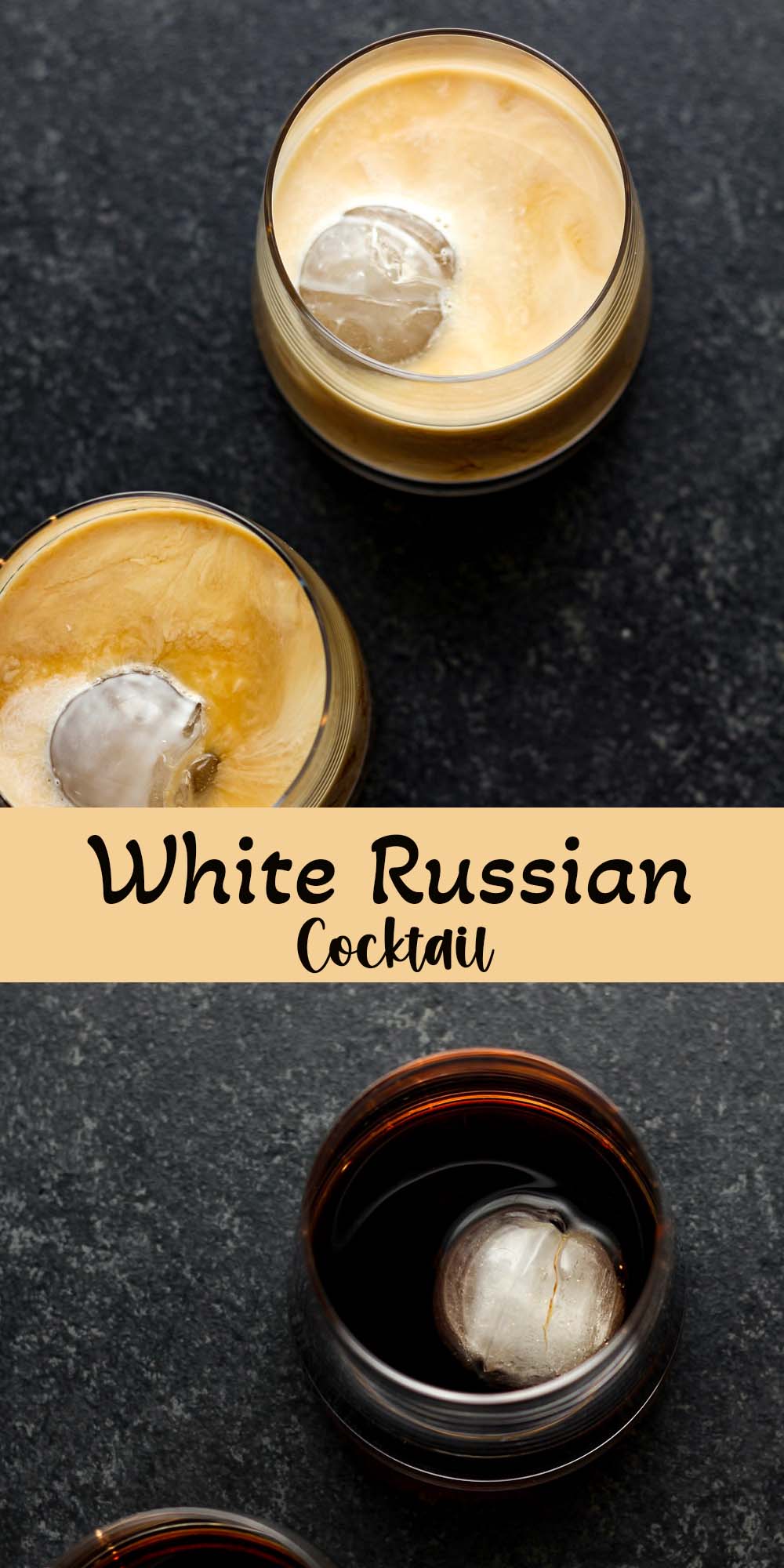 Two photos of a White Russian cocktail.