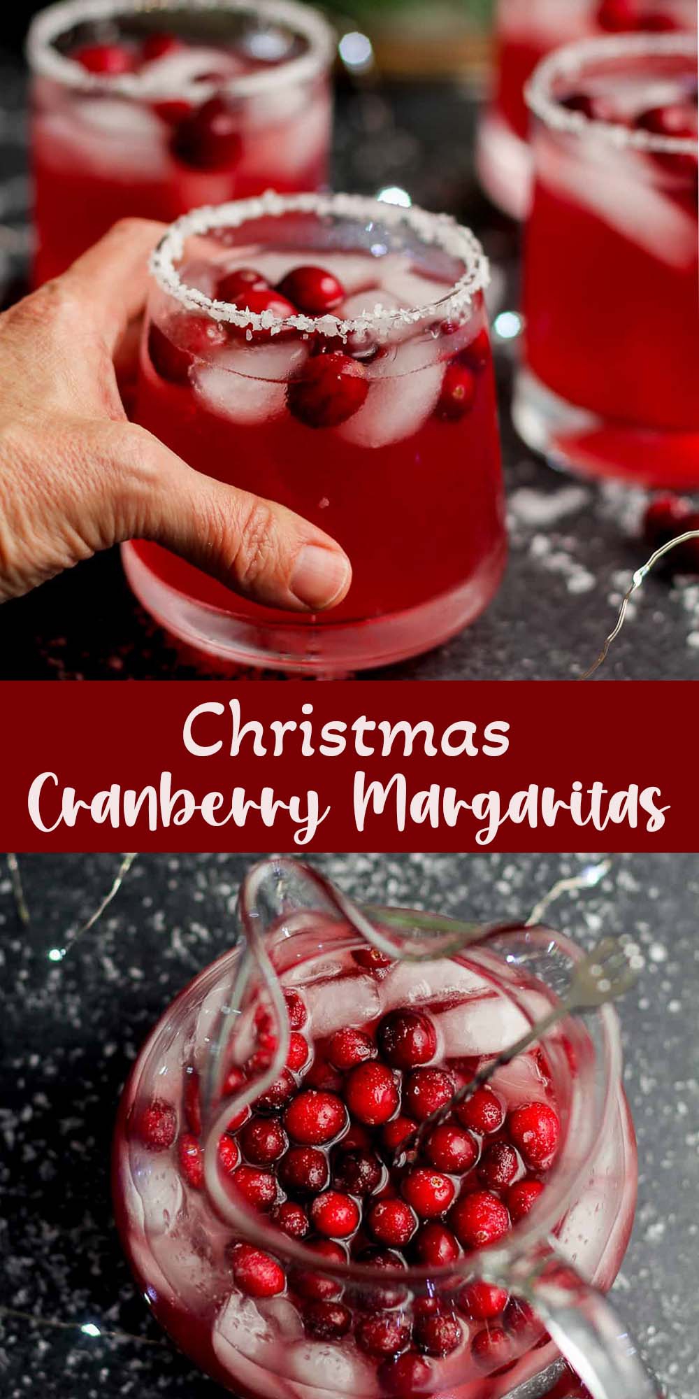 Two photos - a hand holding a glass of Christmas cranberry margaritas.