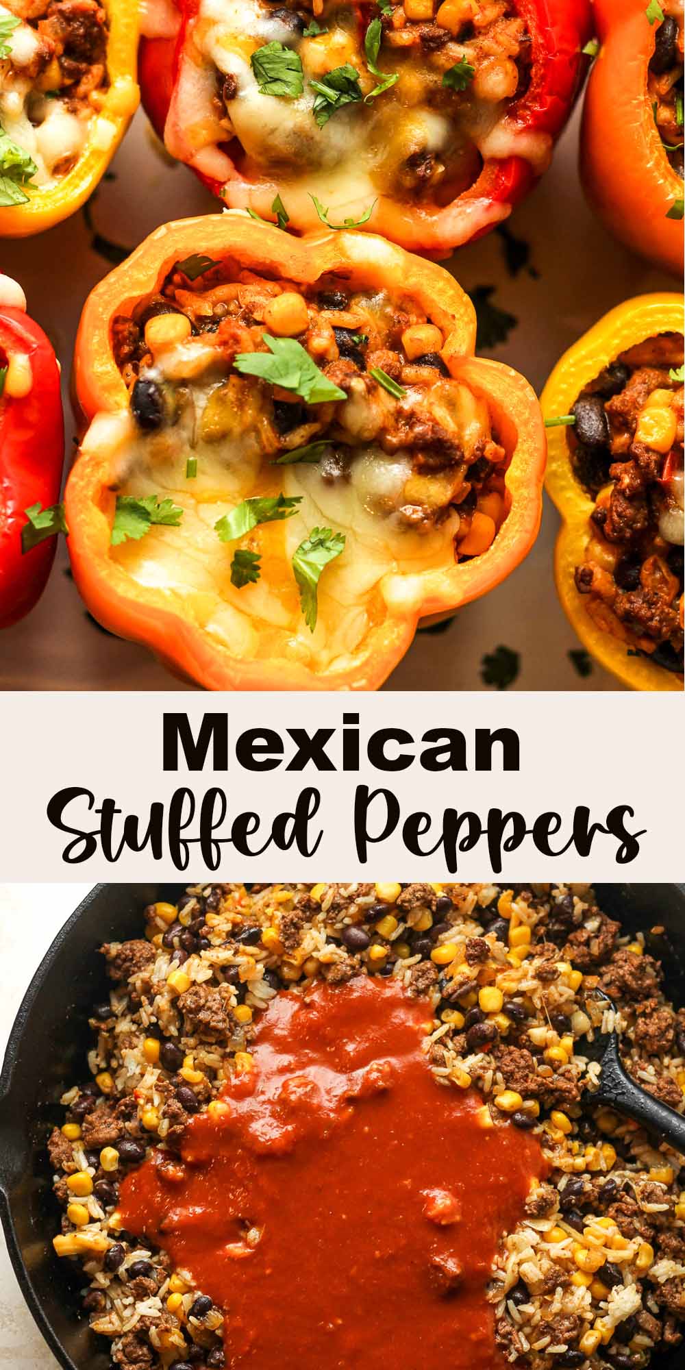 Two photos - a closeup on Mexican stuffed peppers and another photo of a skillet of the filling.