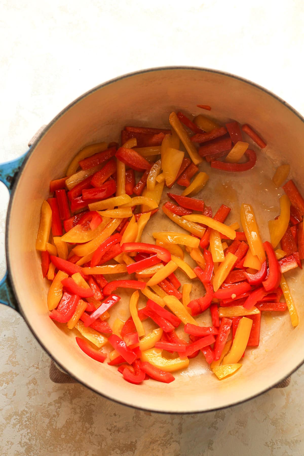 A pot of the sliced bell peppers.