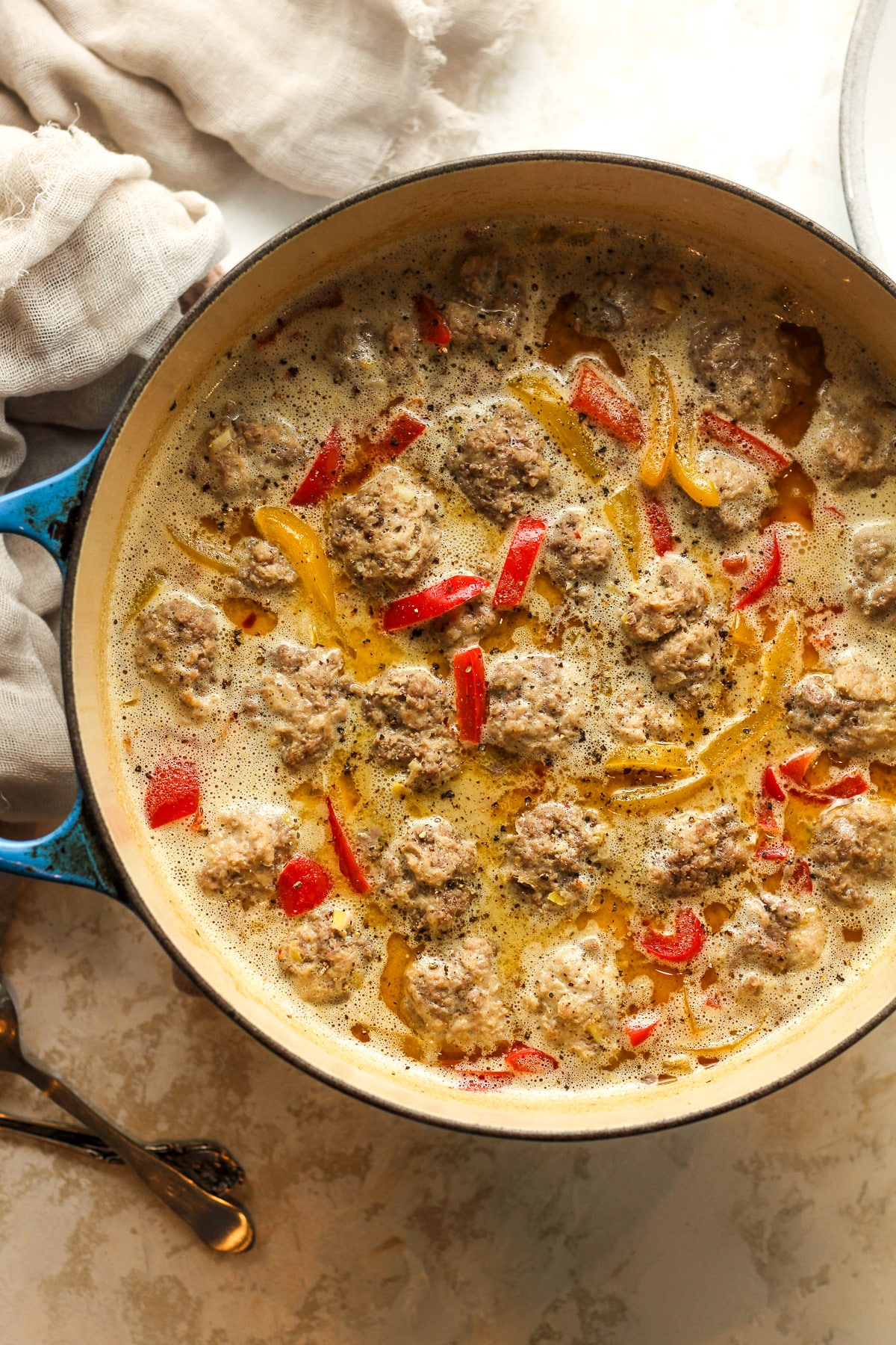 A pot of the Thai meatball soup before adding noodles.