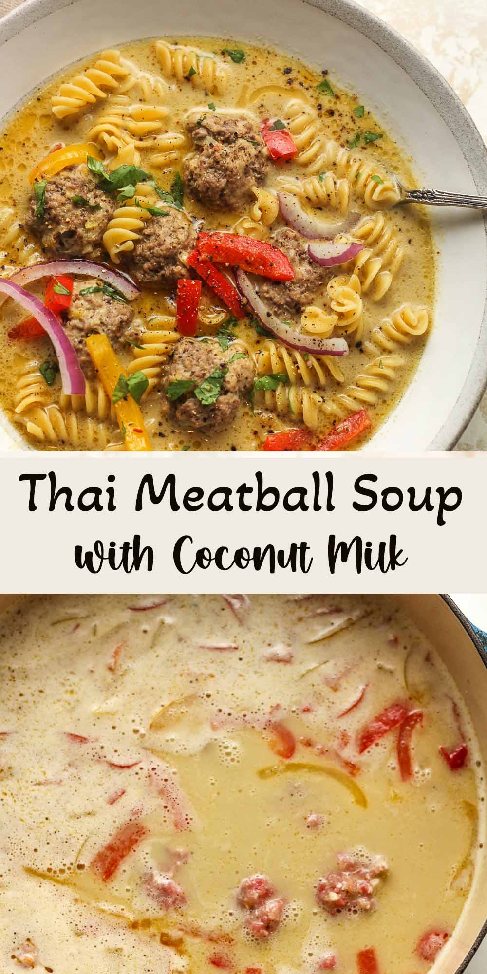 Two photos - a bowl of meatball soup and the pot during the cooking process.