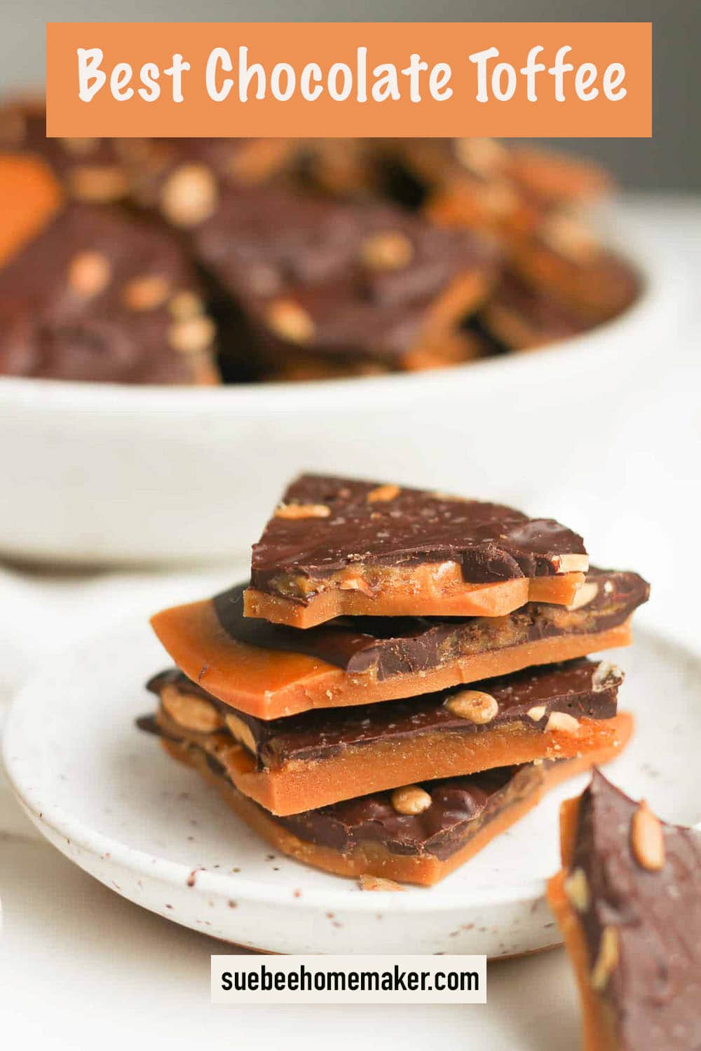 A small plate of stacked chocolate toffee.