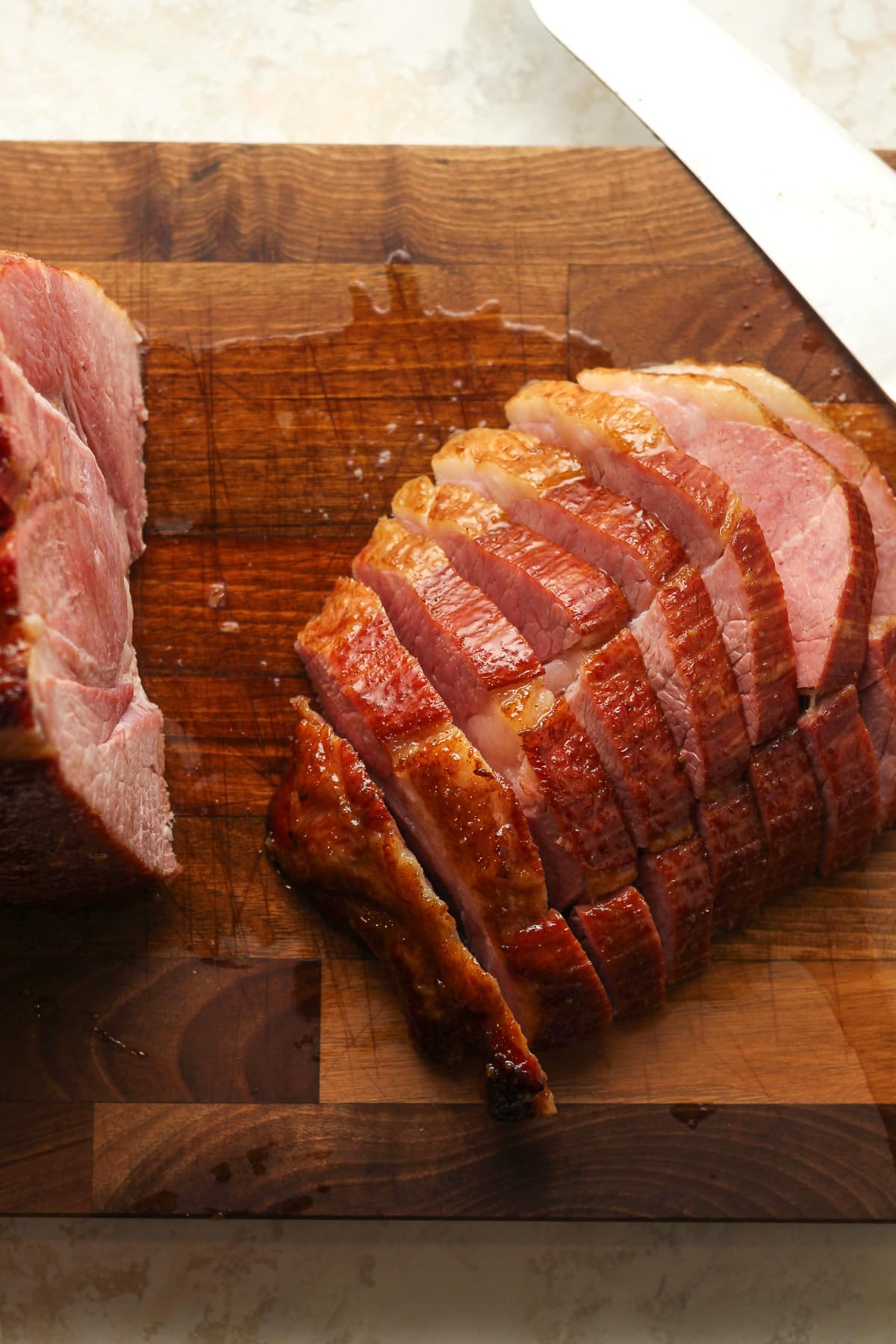 Thickly sliced ham with maple glaze.