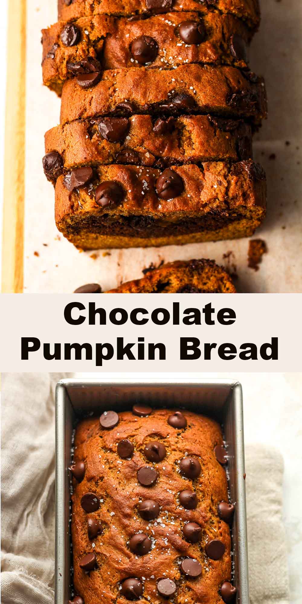 Two photos of chocolate pumpkin bread.