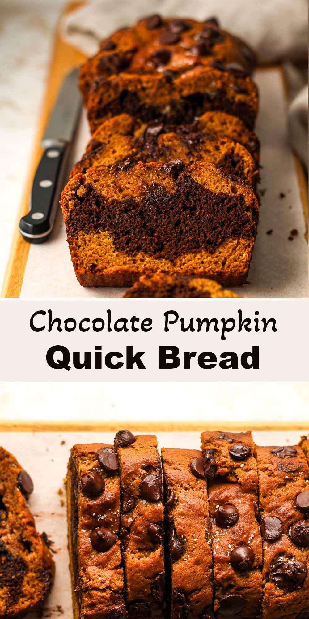 Two photos of chocolate pumpkin quick bread.