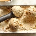 Closeup on a pan of cinnamon ice cream.