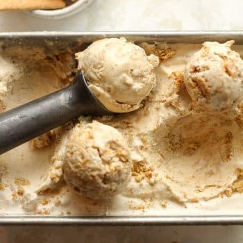 Closeup on a pan of cinnamon ice cream.