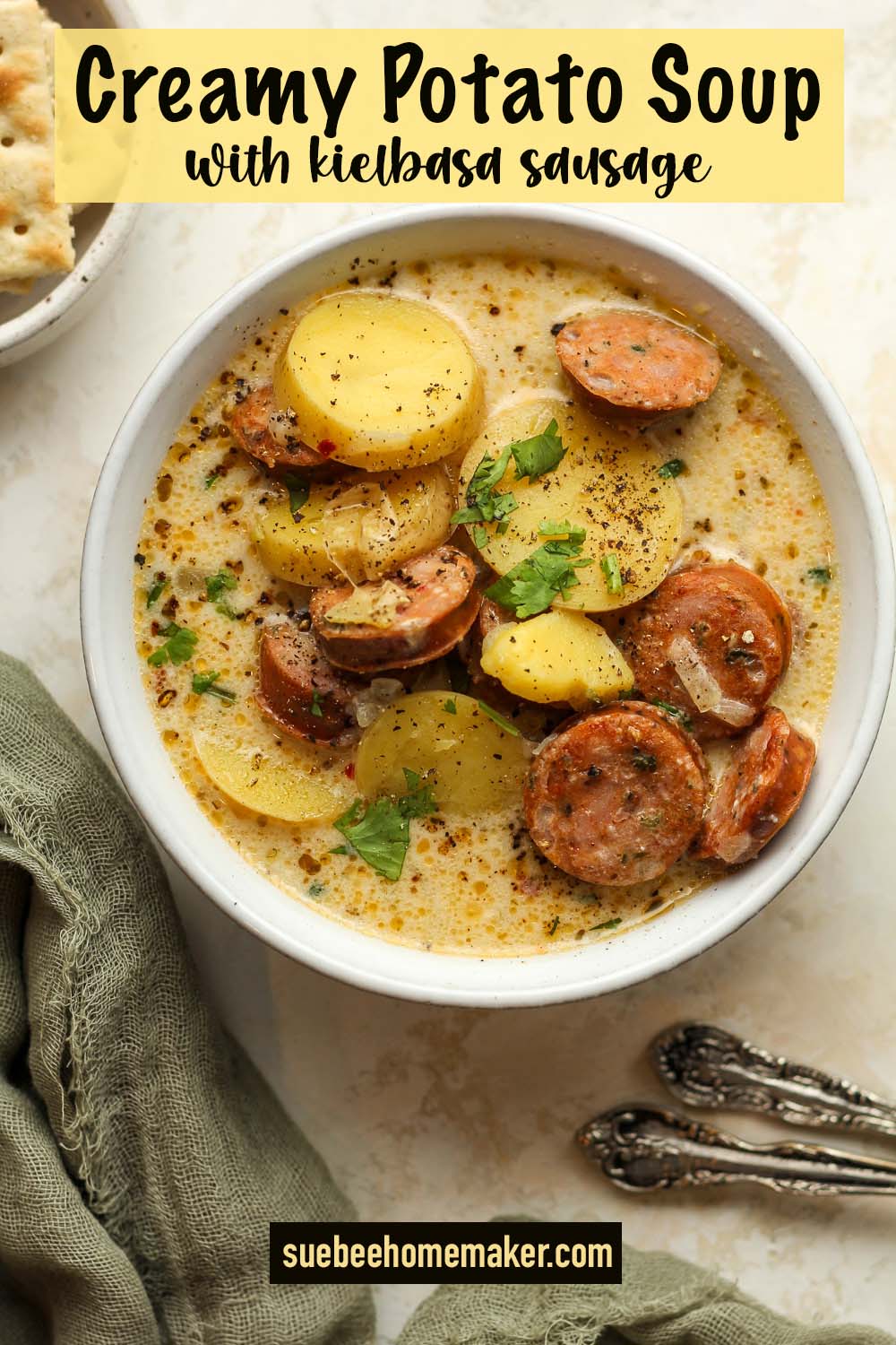 A bowl of Creamy Potato Soup with Kielbasa Sausage