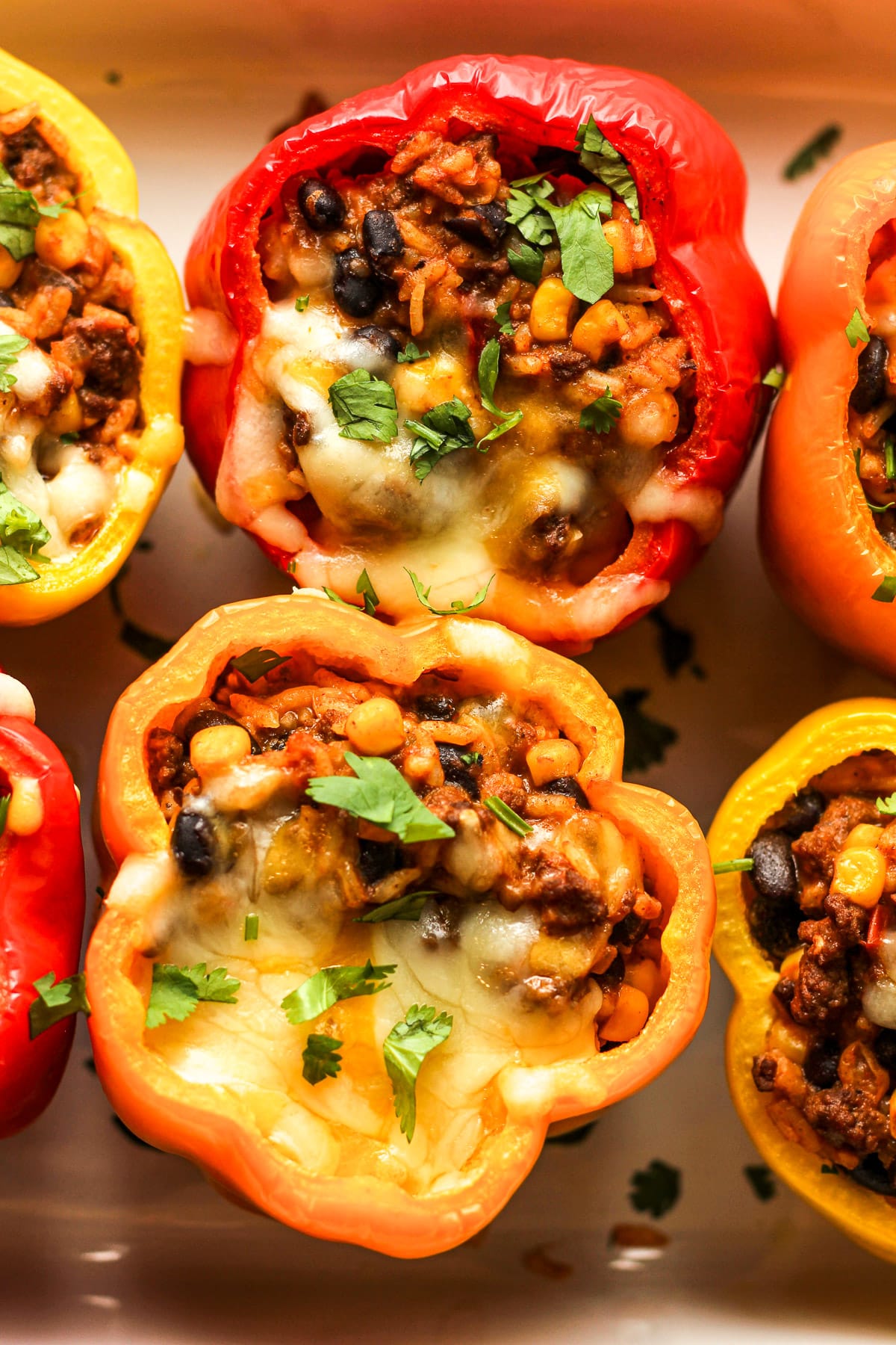 Two stuffed peppers with enchilada sauce.