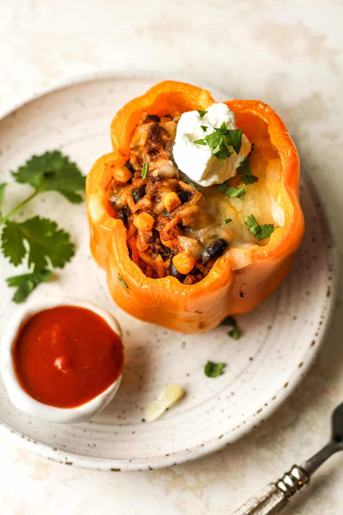 A plate with one stuffed pepper and a dollop of sour cream.