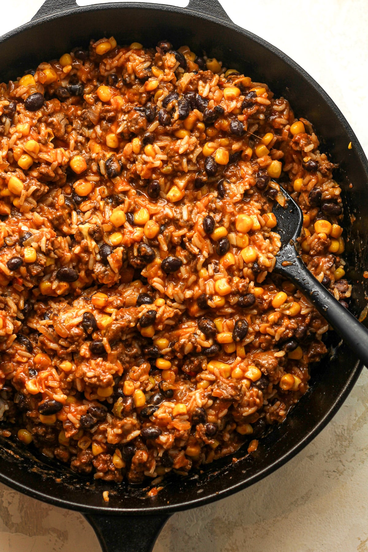 A skillet of the beef mixture.