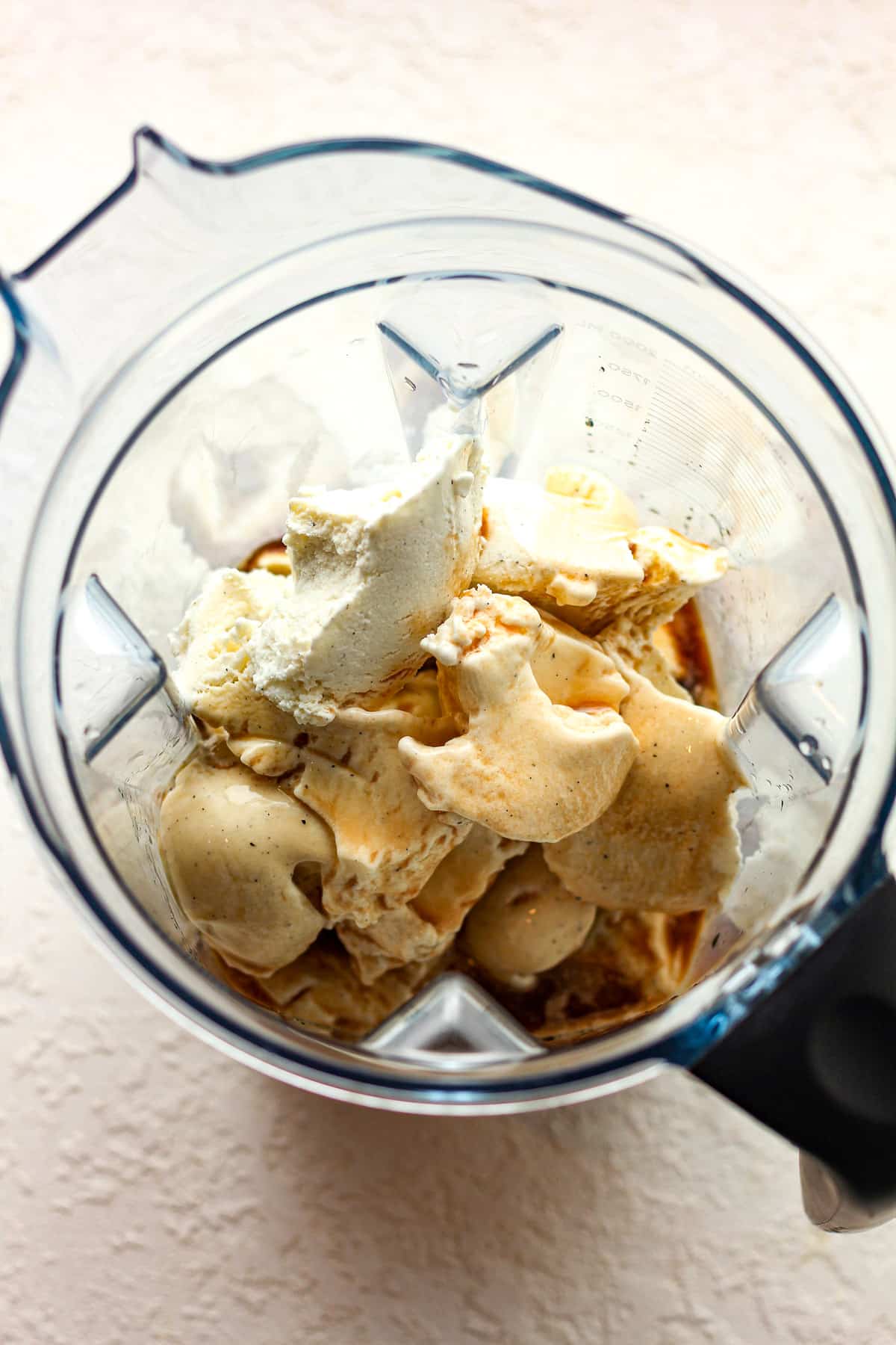 A pitcher of the ingredients before blending.