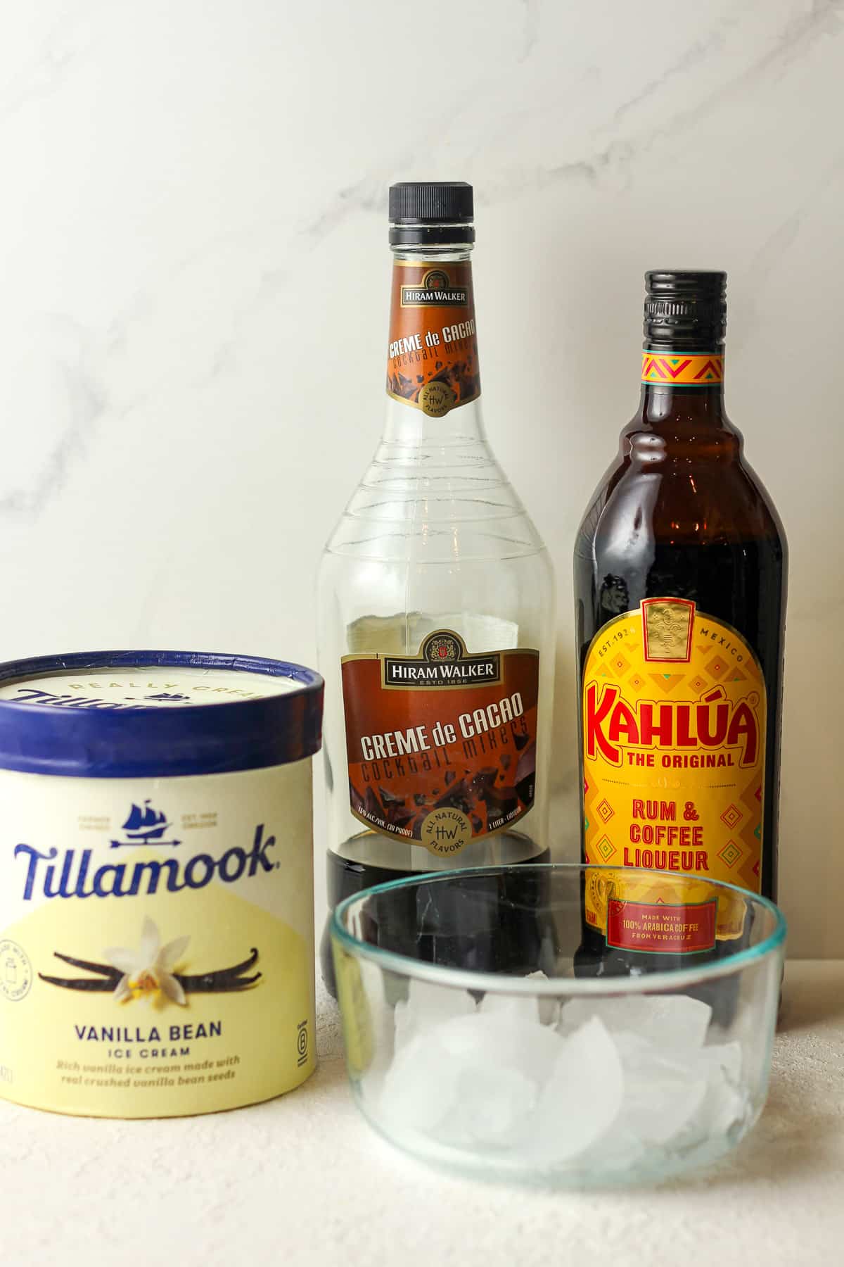 Ingredients for frozen Kahlua cocktails.