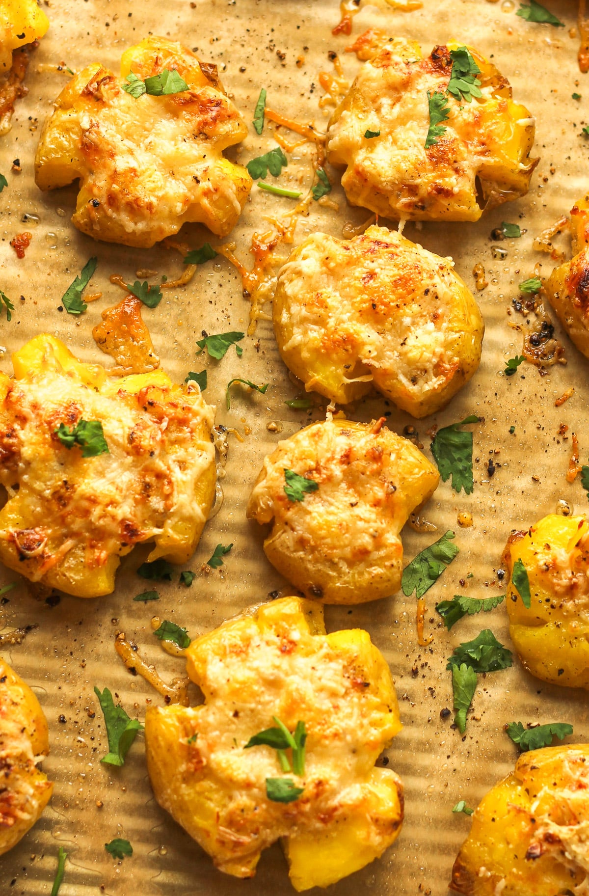 Closeup of a tray of smashed potatoes with garlic and parmesan.