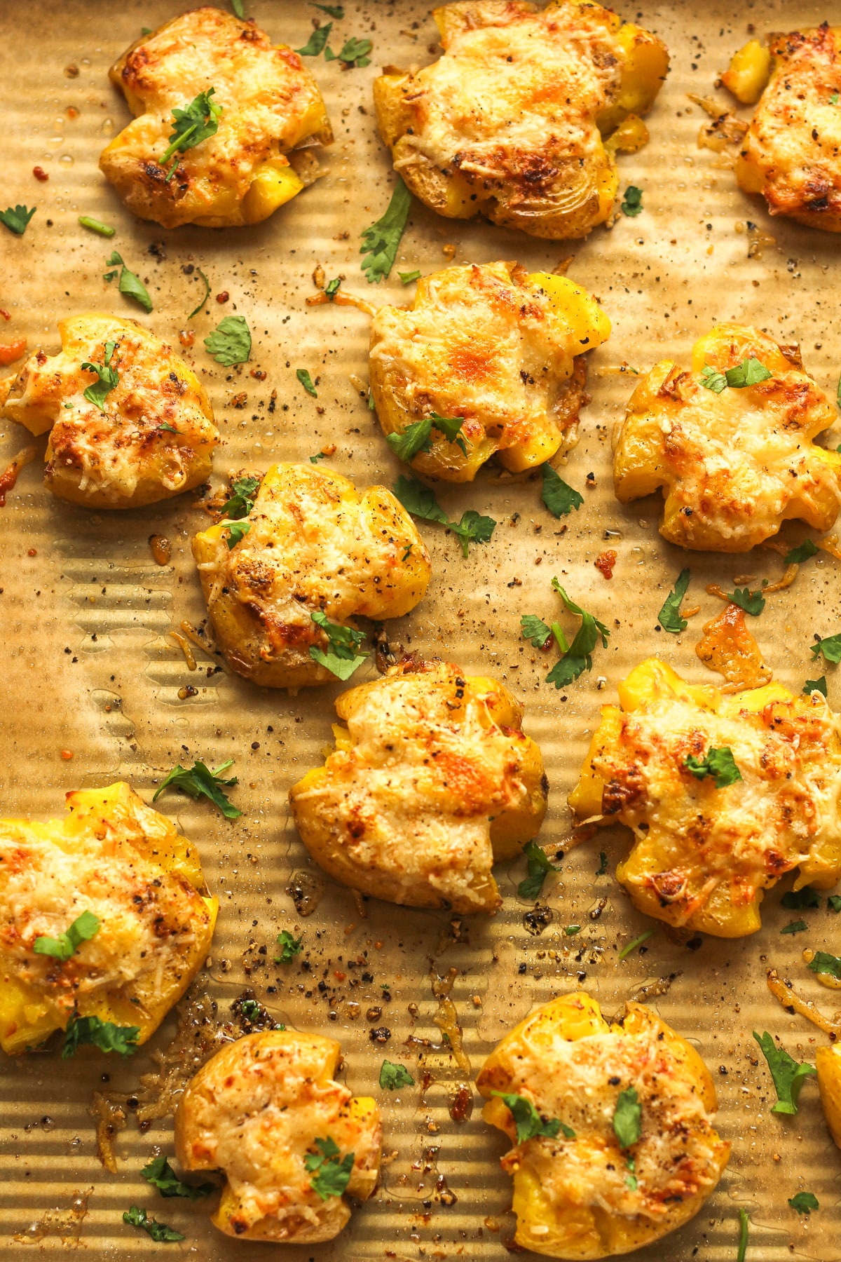 Overhead view of a tray of parmesan smashed potatoes.