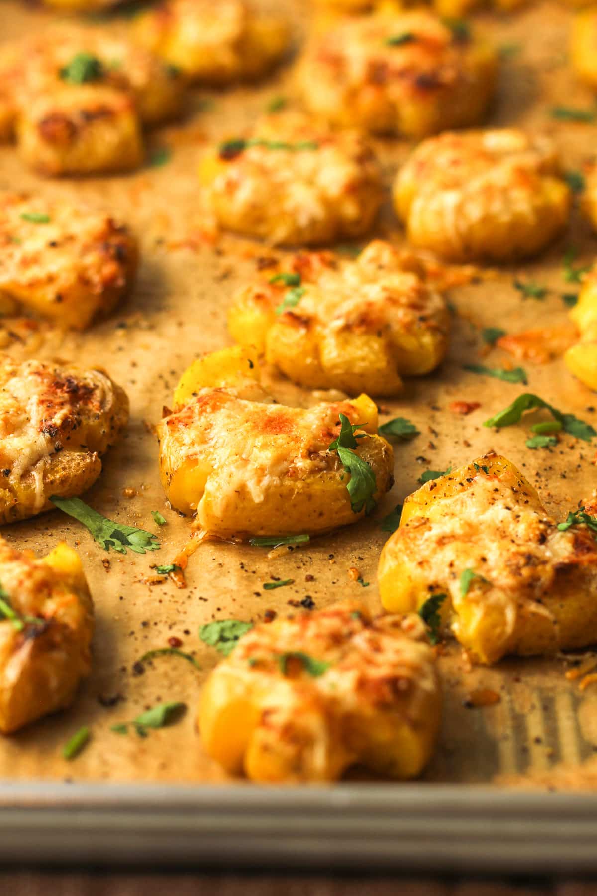 Side view of a tray of garlic parmesan smashed potatoes.