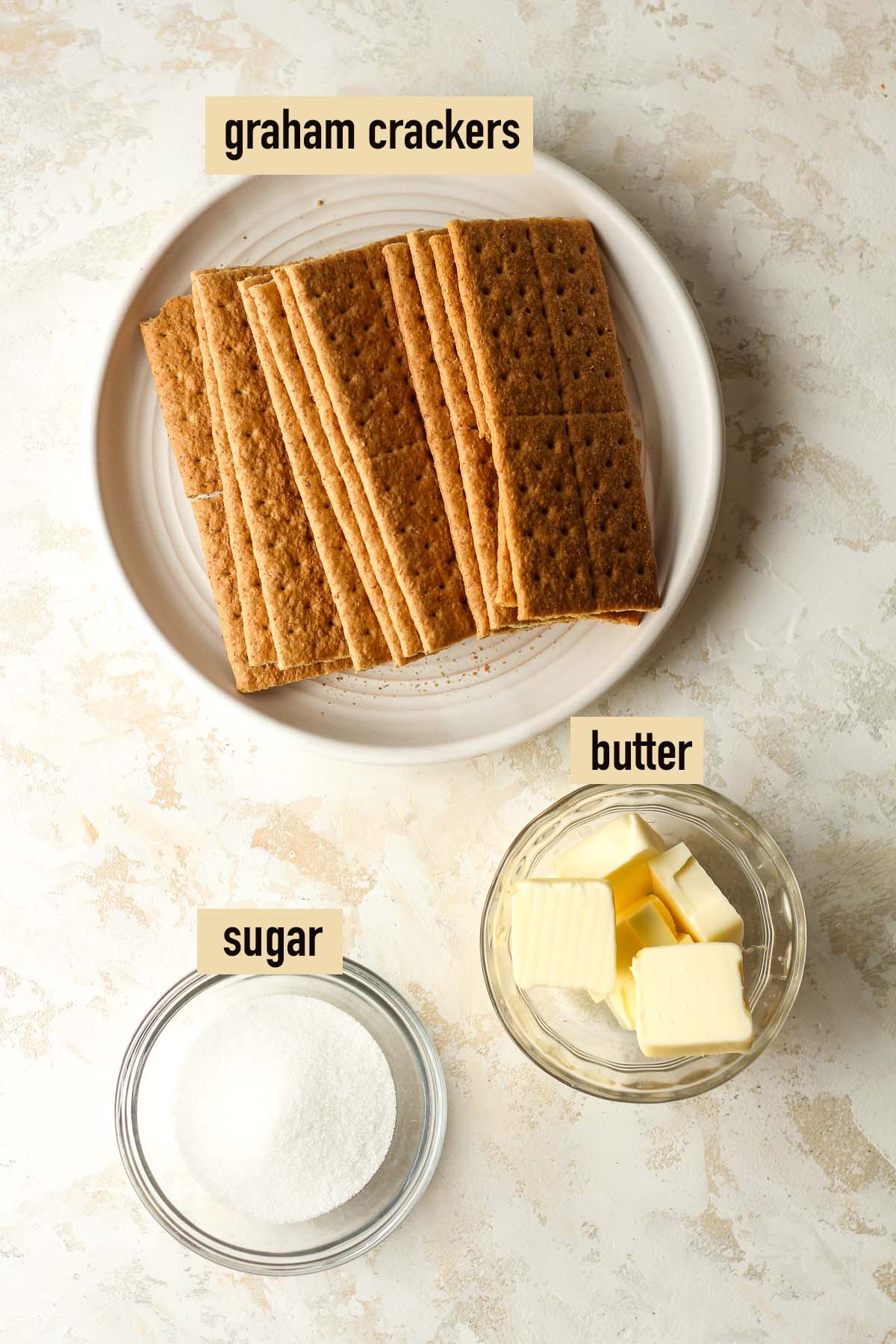 The graham cracker crust ingredients, labeled.