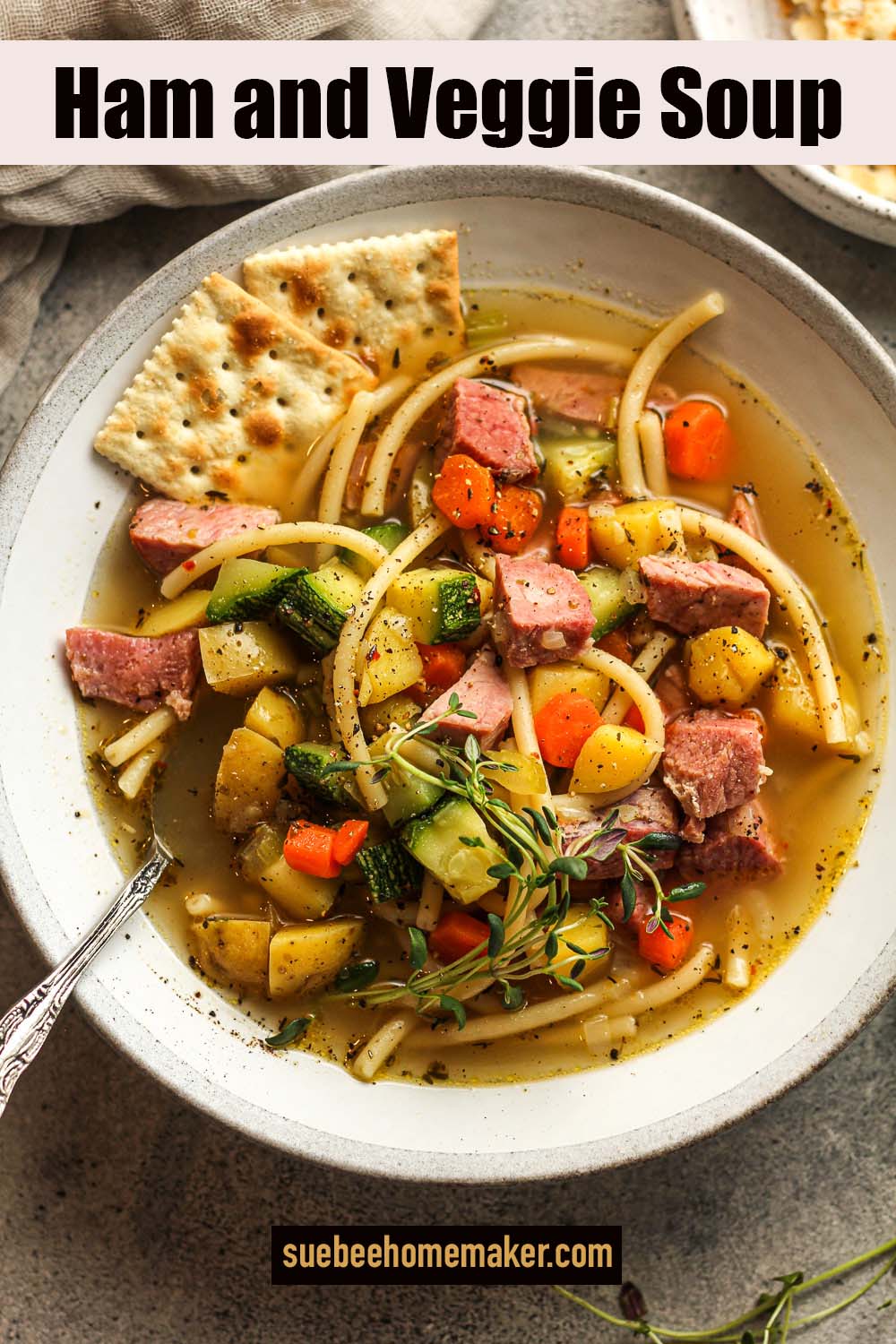 A shallow bowl of ham and veggie soup.