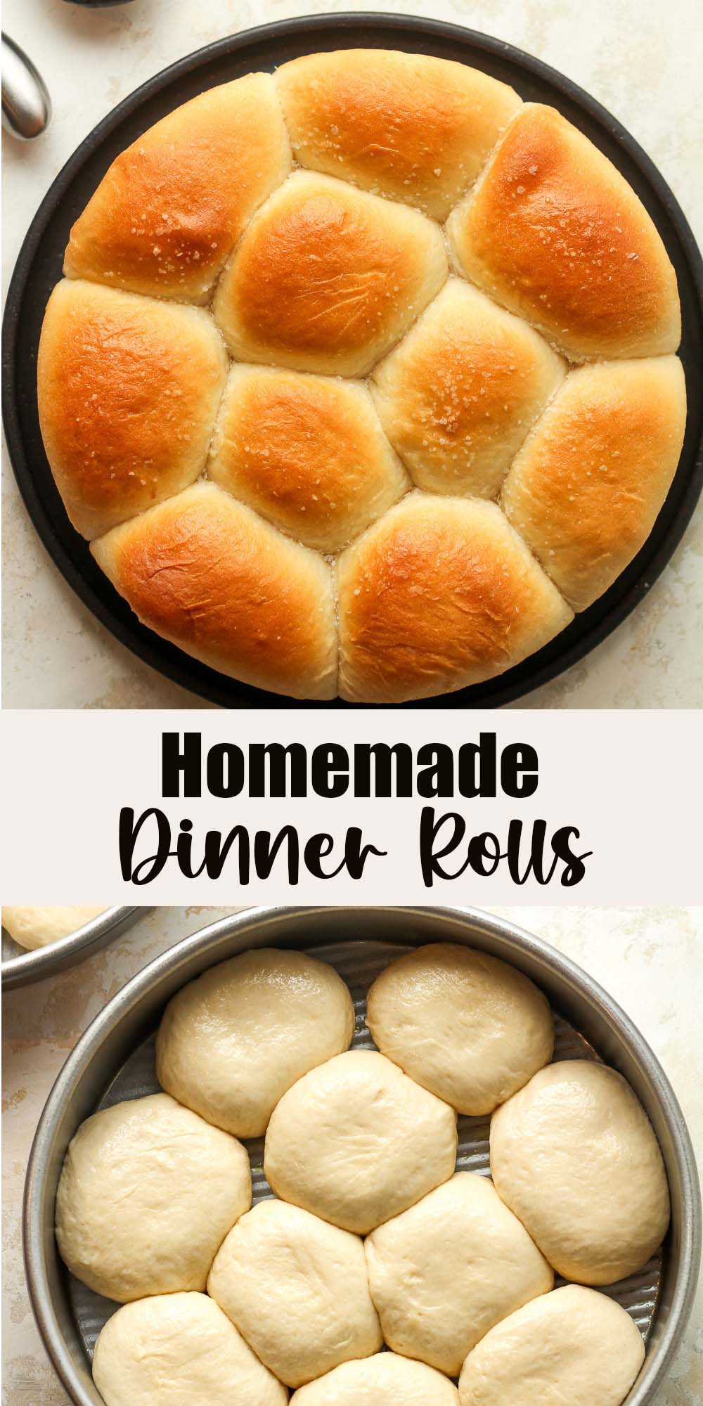 Two photos - a plate of dinner rolls and the pan of the dough shapes.