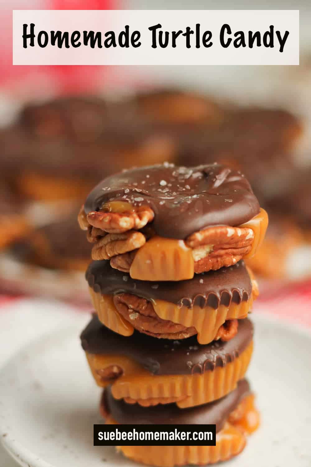 Four stacked homemade turtle candy on a plate.