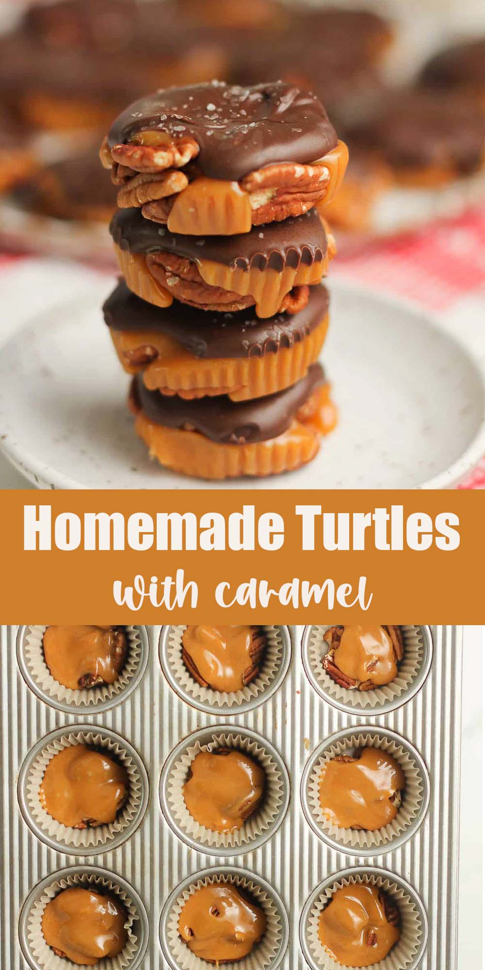 Two photos - one of four stacked homemade turtles on a plate and one of the caramel layer in a muffin pan.