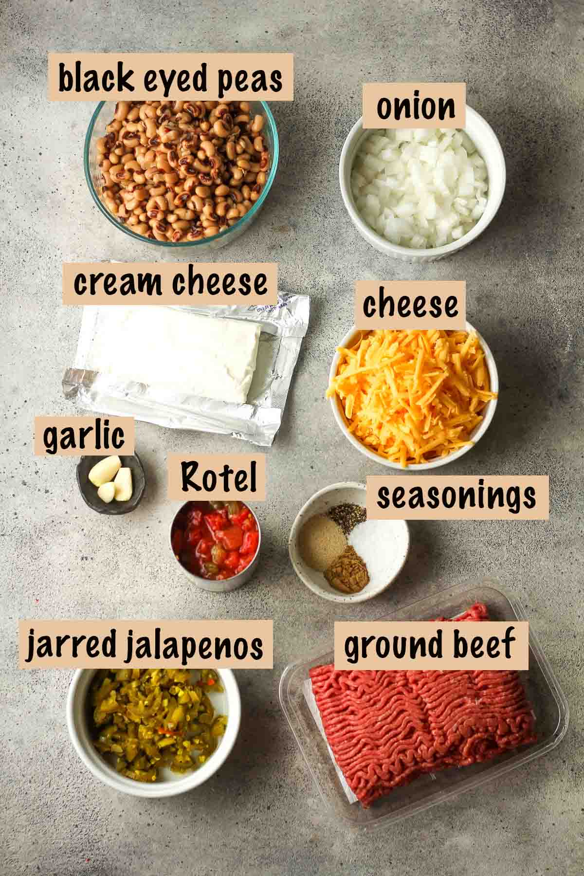 The labeled ingredients for black eyed pea dip.