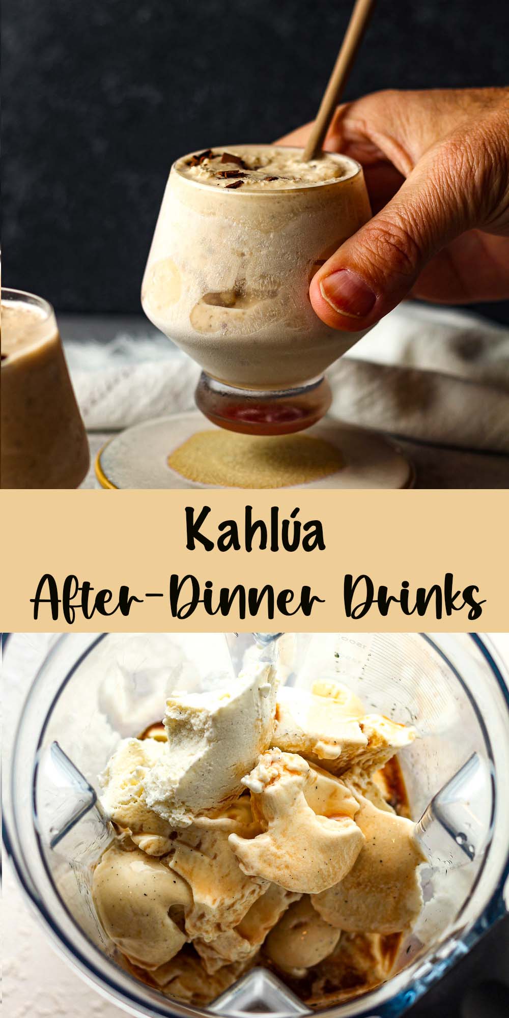 Two photos - one glass of Kahlua after dinner drinks and one of the ingredients in a blender.