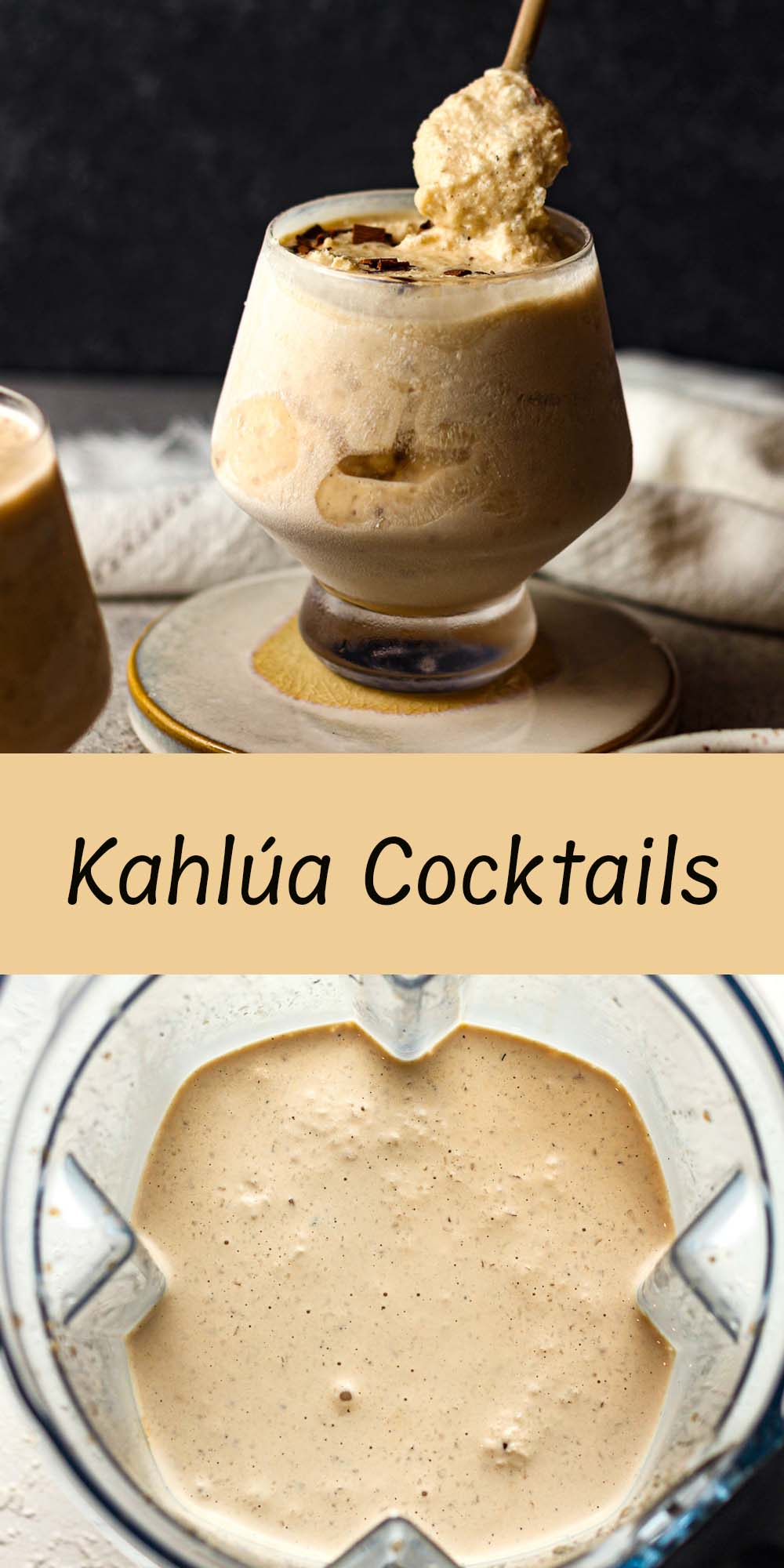 Two photos of Kahlua cocktails - one of the blender and one of a glass of it.