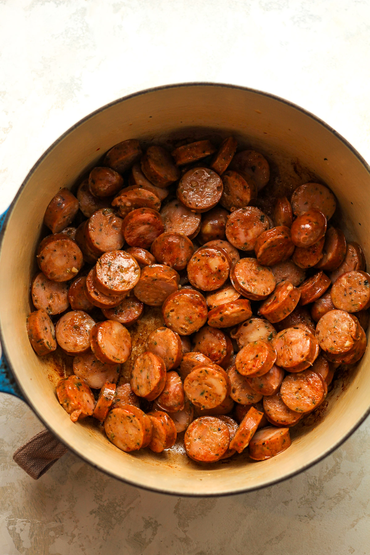 A pot of the sautéed kielbasa.