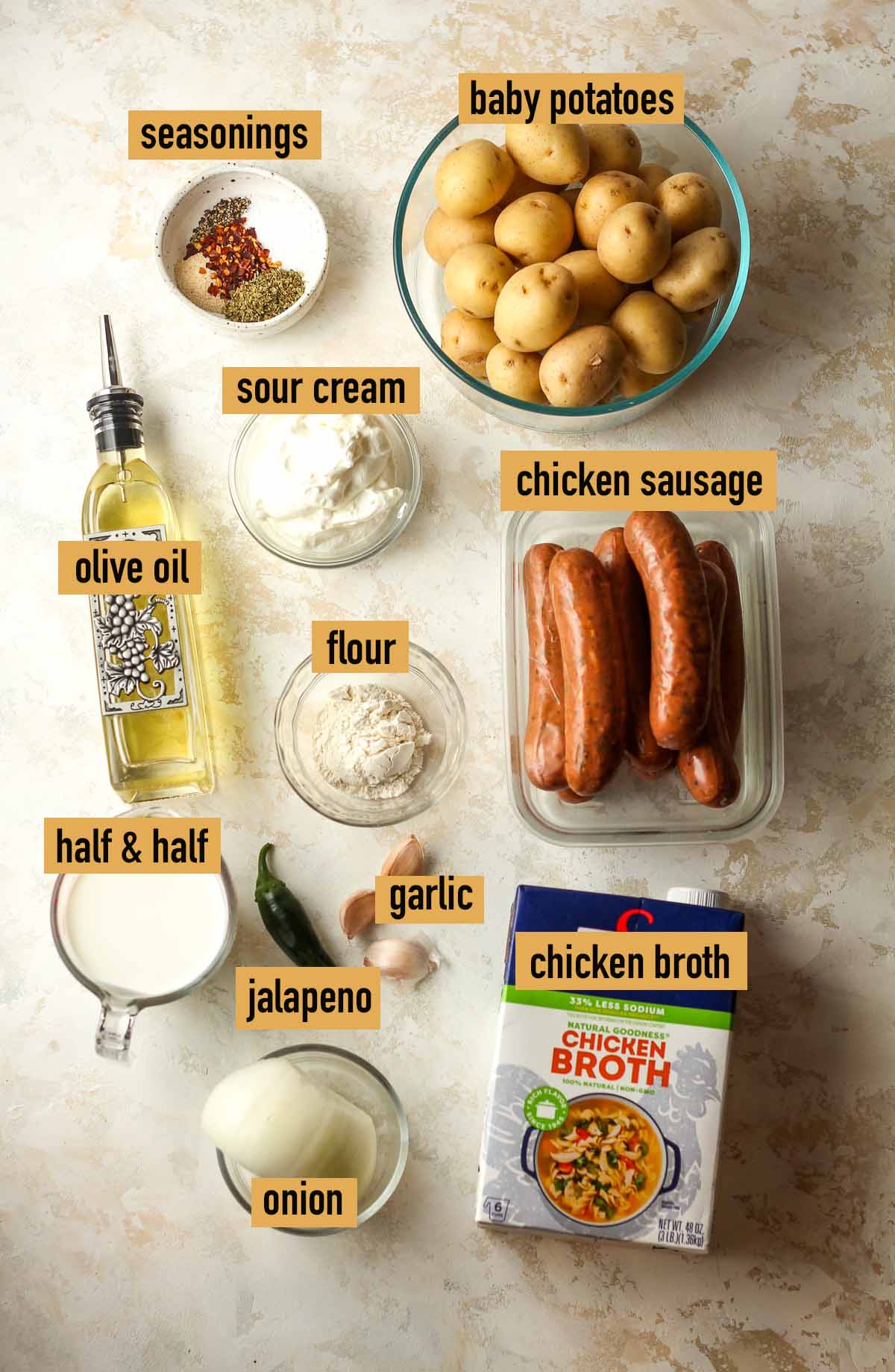 Labeled ingredients for kielbasa potato soup.