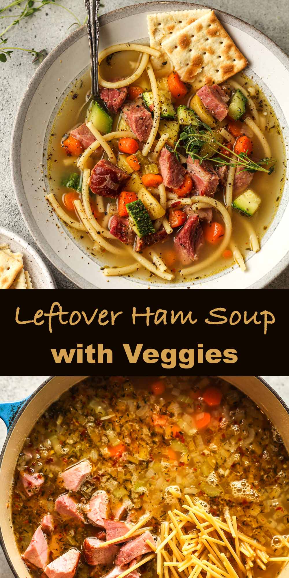 Two photos - a bowl of leftover ham soup with veggies.